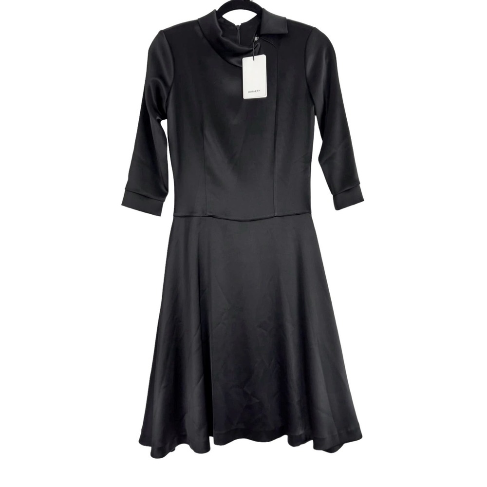 HIRAETH Long Sleeve Satin Flare Dress in Black Size S